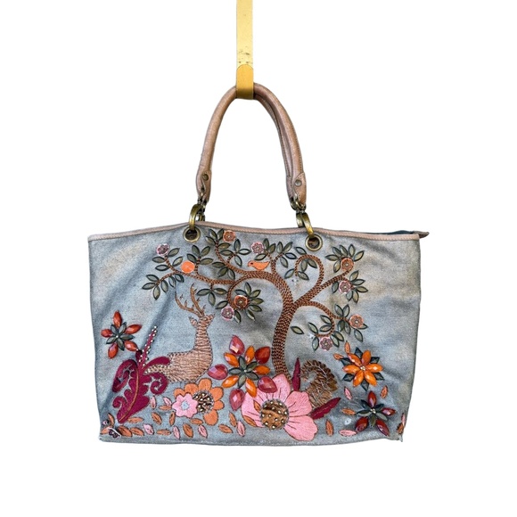 Anthro Ipa-Nima Handbag Tote Beaded Embroidered Floral Leather Handles Boho Chic - Picture 1 of 14
